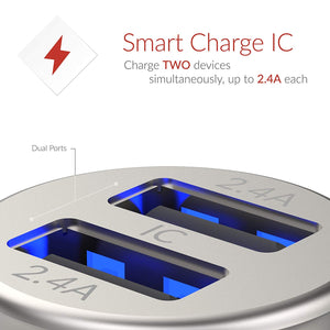 Crave Bullet 24W 4.8A 2 Port Dual USB Universal Compact Car Charger, Smart Charge IC Technology