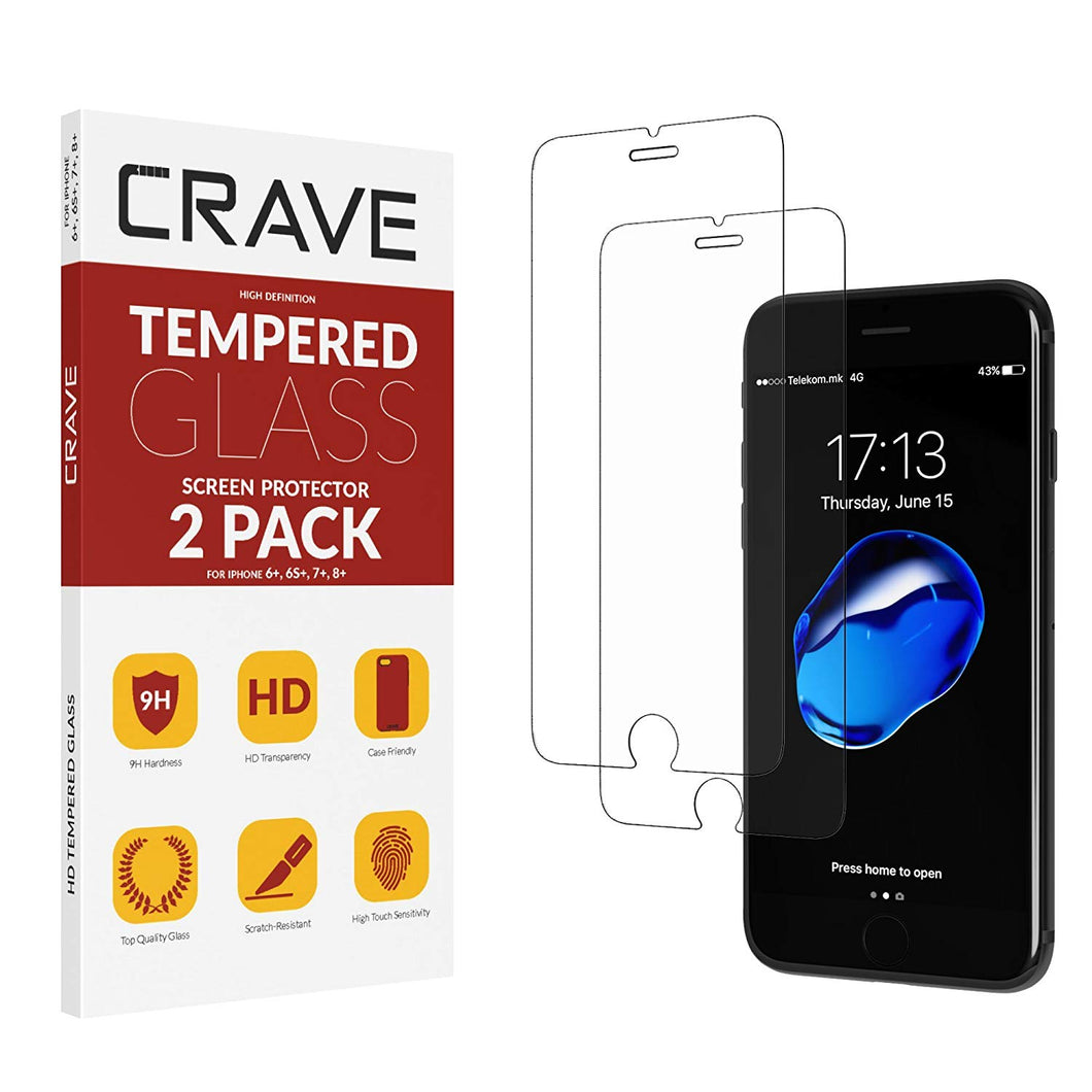 Crave Glass Screen Protector for Apple iPhone 8 Plus - 7 Plus - 6s Plus - 6 Plus [2-Pack] HD Tempered Glass