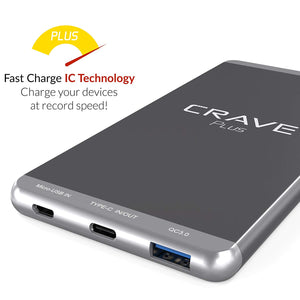 Slim Power Bank, Crave Plus Aluminum Portable Charger with 10000 mAh [Quick Charge QC 3.0 USB + Type C] External Battery Pack for iPhone, iPad, Samsung and More.