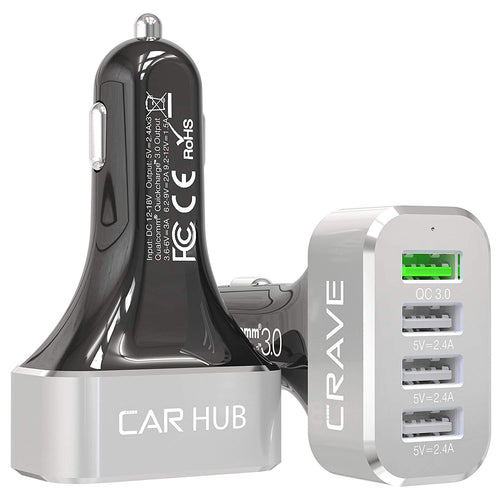 Crave CarHub 54W 4 Port USB Car Charger, Qualcomm Quick Charger 2.0 - Black