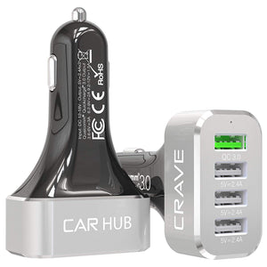 Crave CarHub 54W 4 Port USB Car Charger, Qualcomm Quick Charger 2.0 - Black
