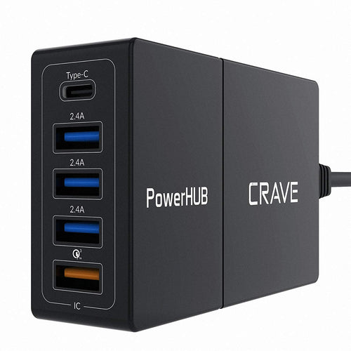 52W 5-Port USB Desktop Charger, Crave PowerHUB [Quick Charge QC3.0 + Type-C] Multi-Port Charger Hub with Fast IC Technology for iPhone, iPad, Samsung and More