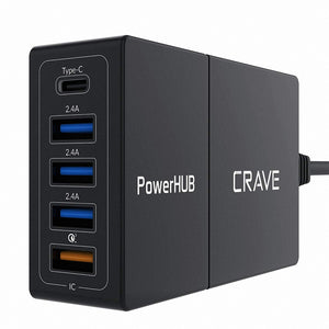 52W 5-Port USB Desktop Charger, Crave PowerHUB [Quick Charge QC3.0 + Type-C] Multi-Port Charger Hub with Fast IC Technology for iPhone, iPad, Samsung and More
